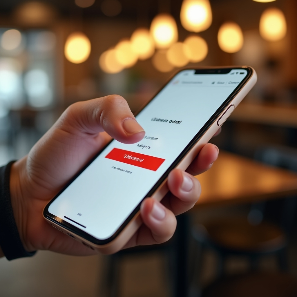 Detail ruky s telefonem těsně před potvrzením online objednávky